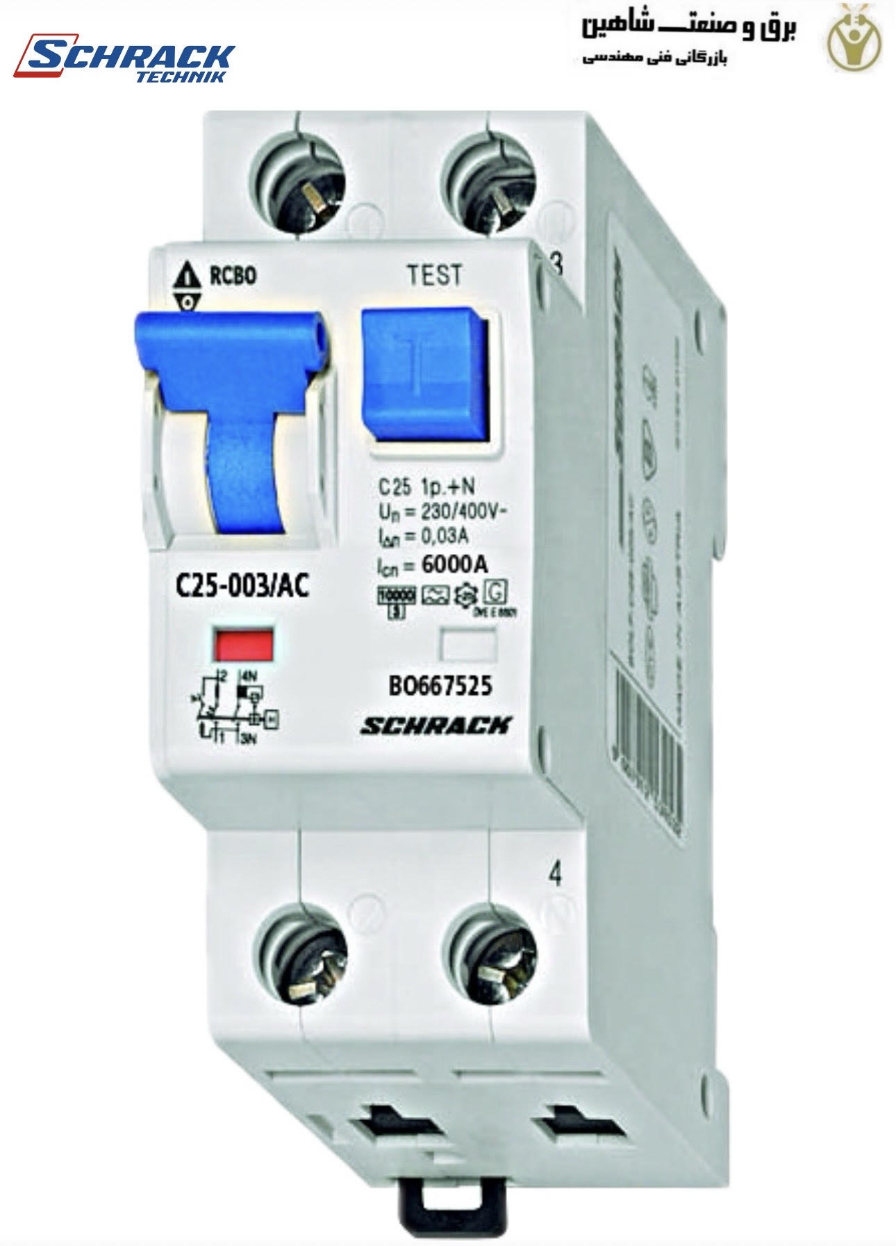 کلید محافظ جان تیپ C40A/1+N/30mA شراک schrack مدل BO667540 تایپ AC-6kA (محصول اتریش)